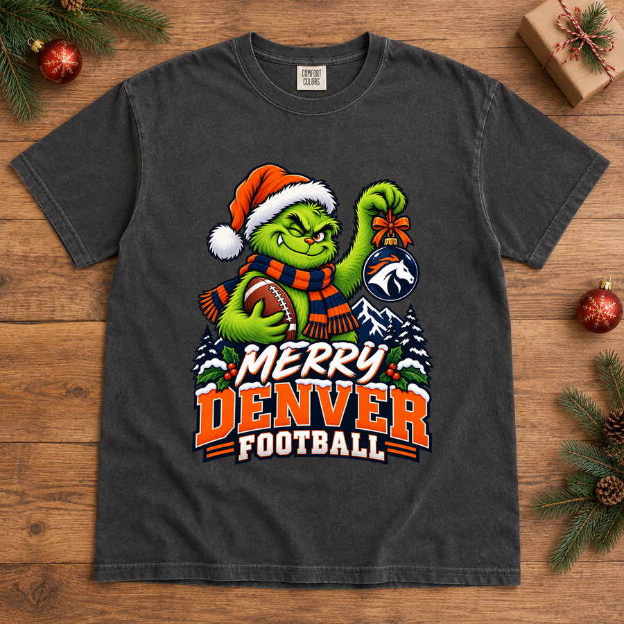 Grinch Merry Denver Football – Comfort Colors Christmas T-Shirt mockup 2