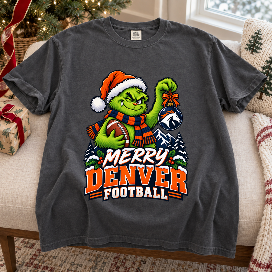 Grinch Merry Denver Football – Comfort Colors Christmas T-Shirt mockup 4