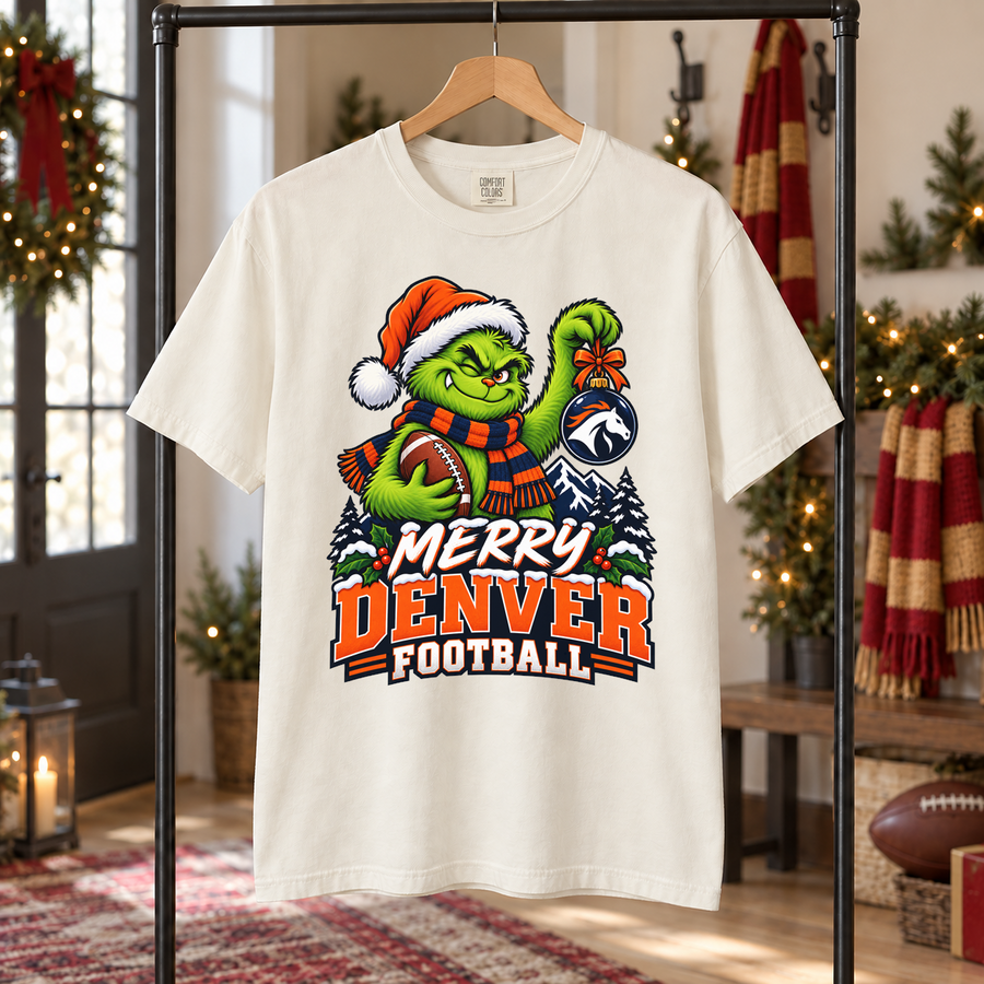 Grinch Merry Denver Football – Comfort Colors Christmas T-Shirt mockup 5