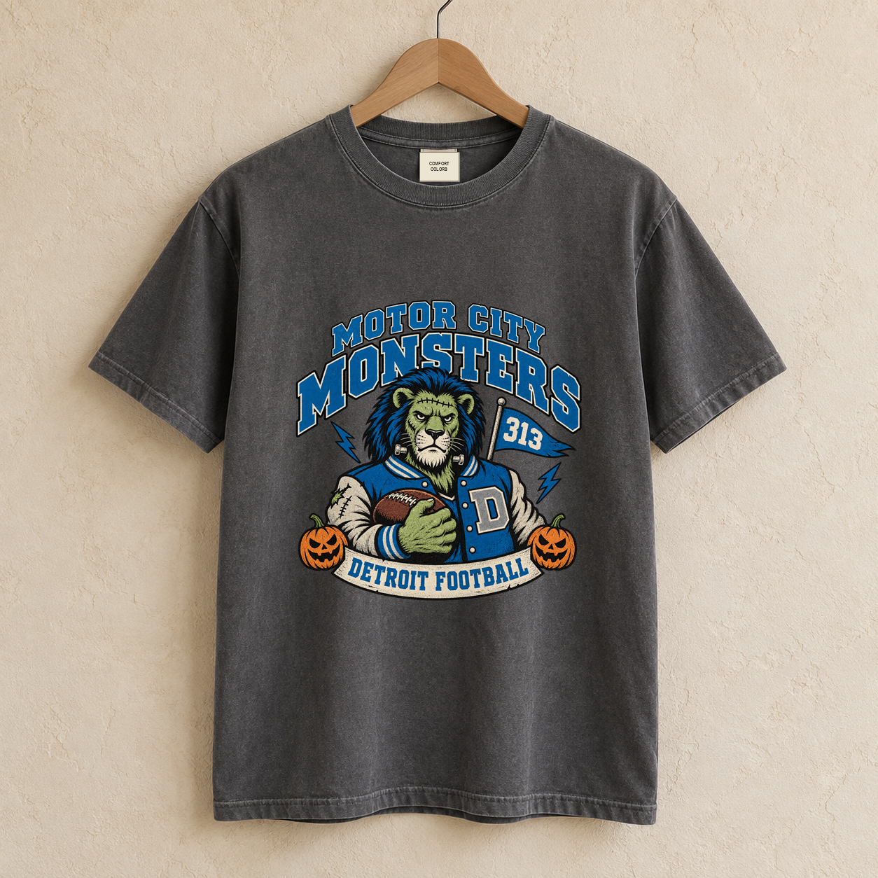 Motor City Monsters 313 Detroit Halloween football T-shirt mockup 1