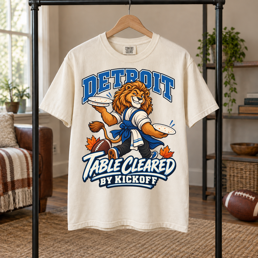 Detroit Table Cleared by Kickoff Thanksgiving T-shirt mockup 5
