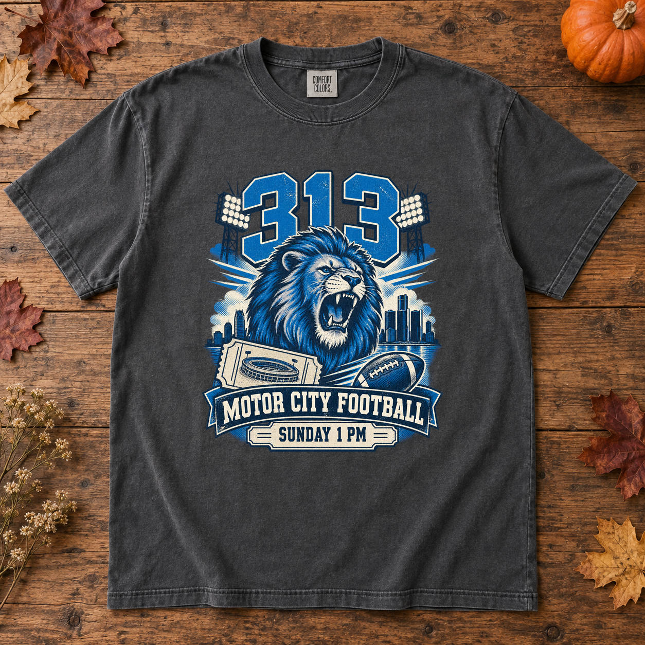 Detroit 313 Motor City Football Sunday premium T-shirt flat lay mockup