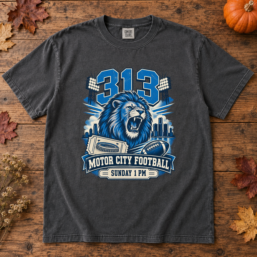 Detroit 313 Motor City Football Sunday premium T-shirt flat lay mockup
