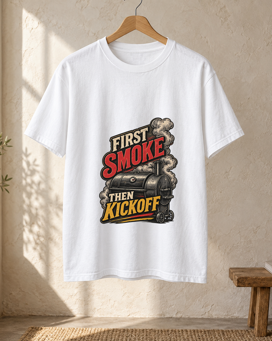 First Smoke Then Kickoff Premium T Shirt hanger view