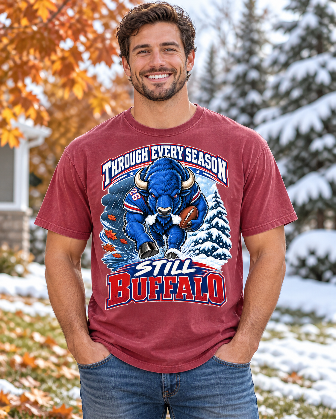 Through Every Season Buffalo football Comfort Colors 1717 T-shirt mockup 2