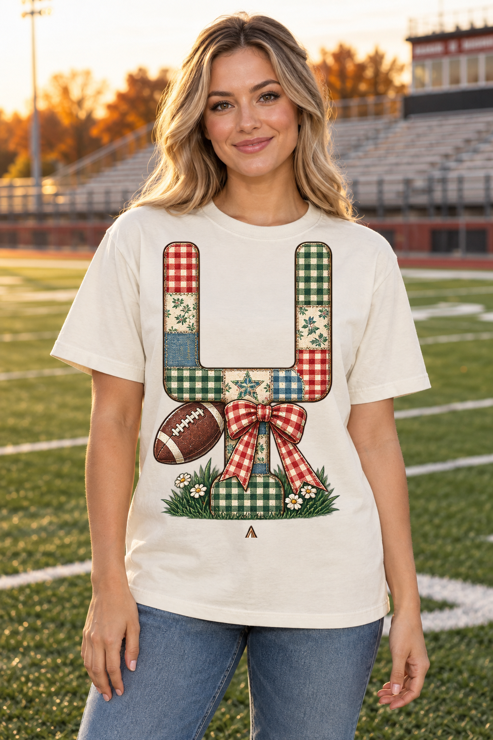 Gingham Goalpost Quilt football T-shirt hero model mockup