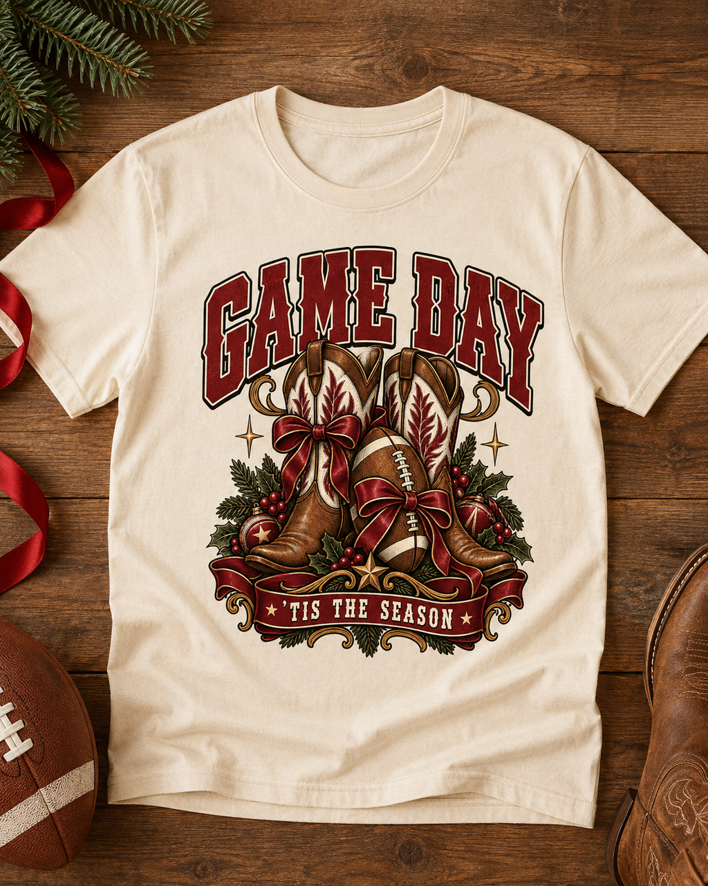 Game Day Tis The Season football T-shirt flat lay mockup