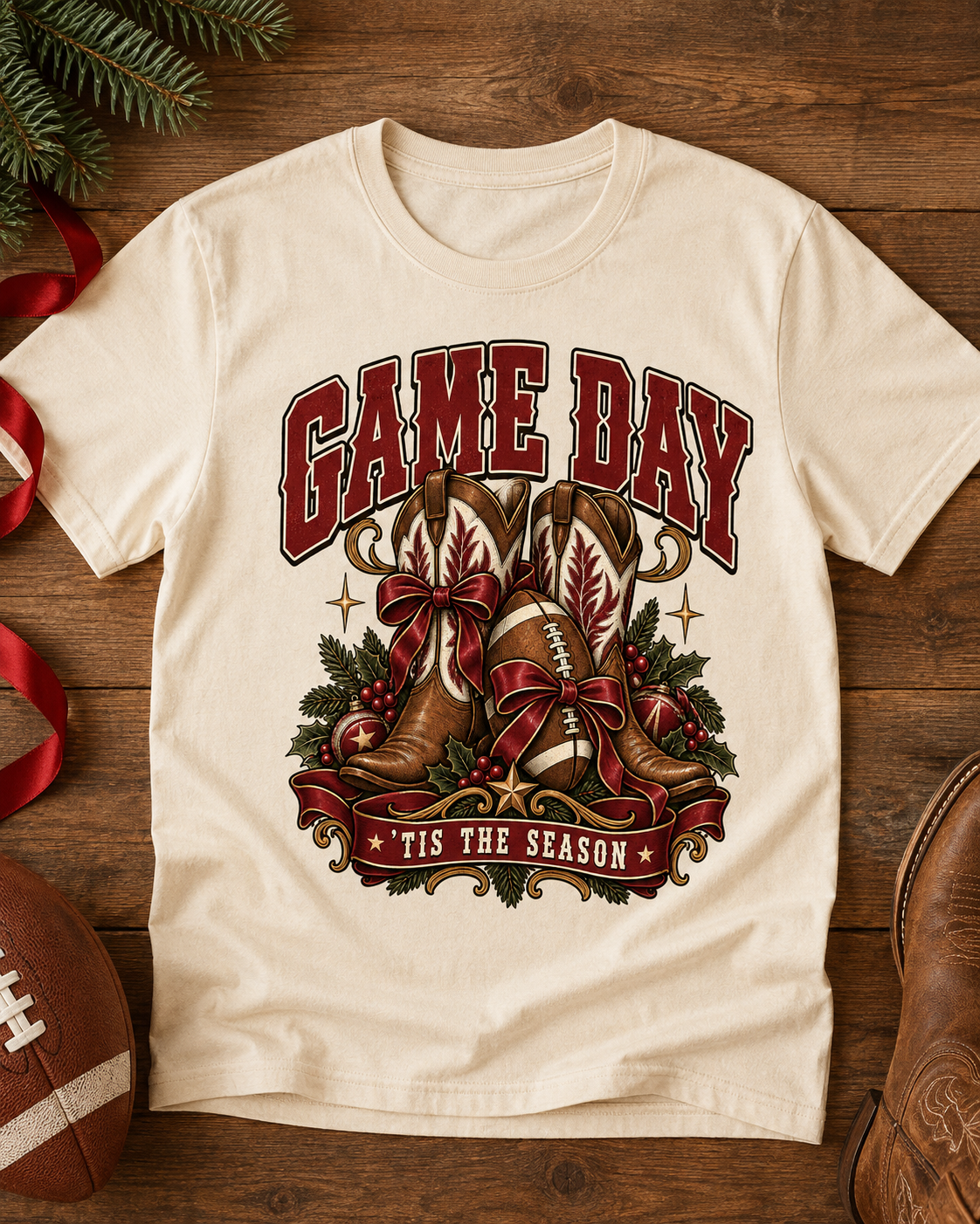 Game Day Tis The Season football T-shirt flat lay mockup