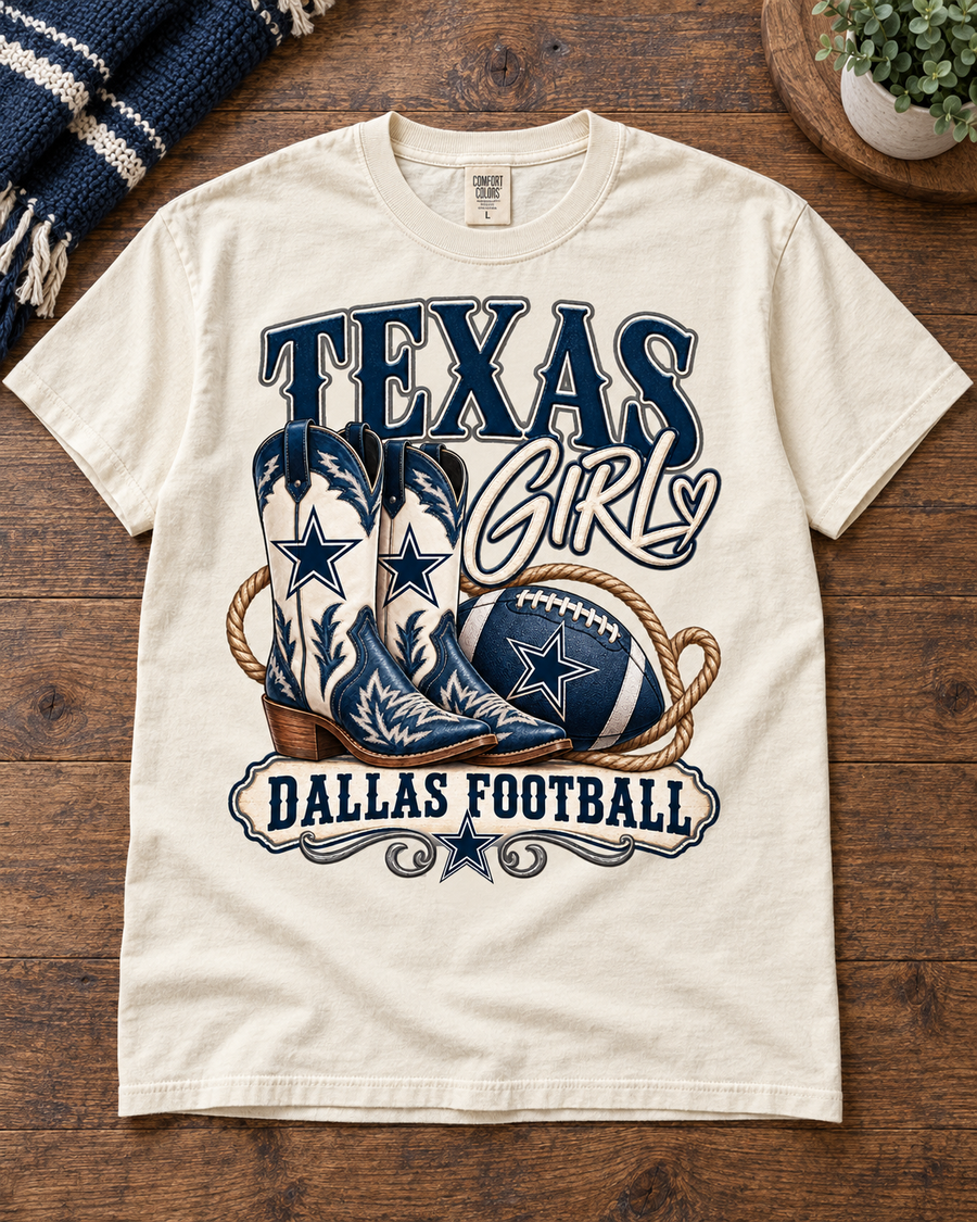 Texas Girl Dallas Football shirt flat lay