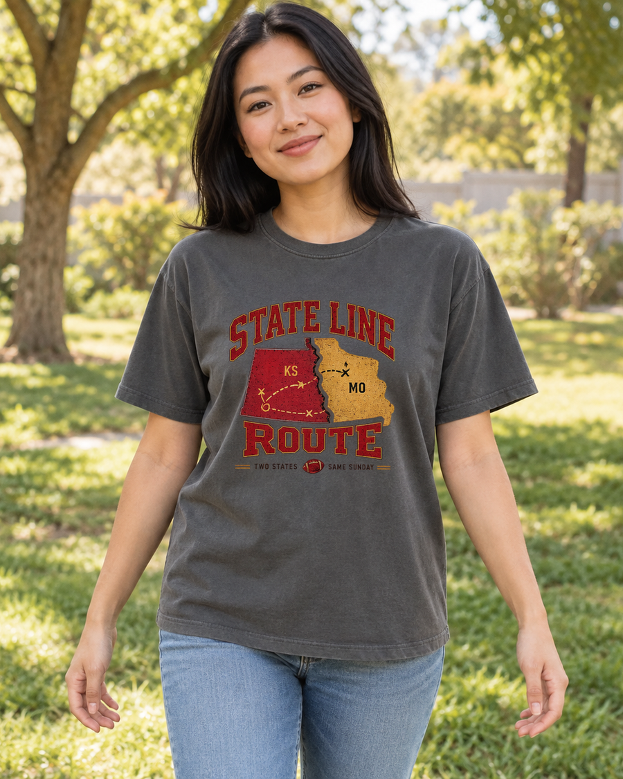 State Line Route Premium T Shirt female lifestyle