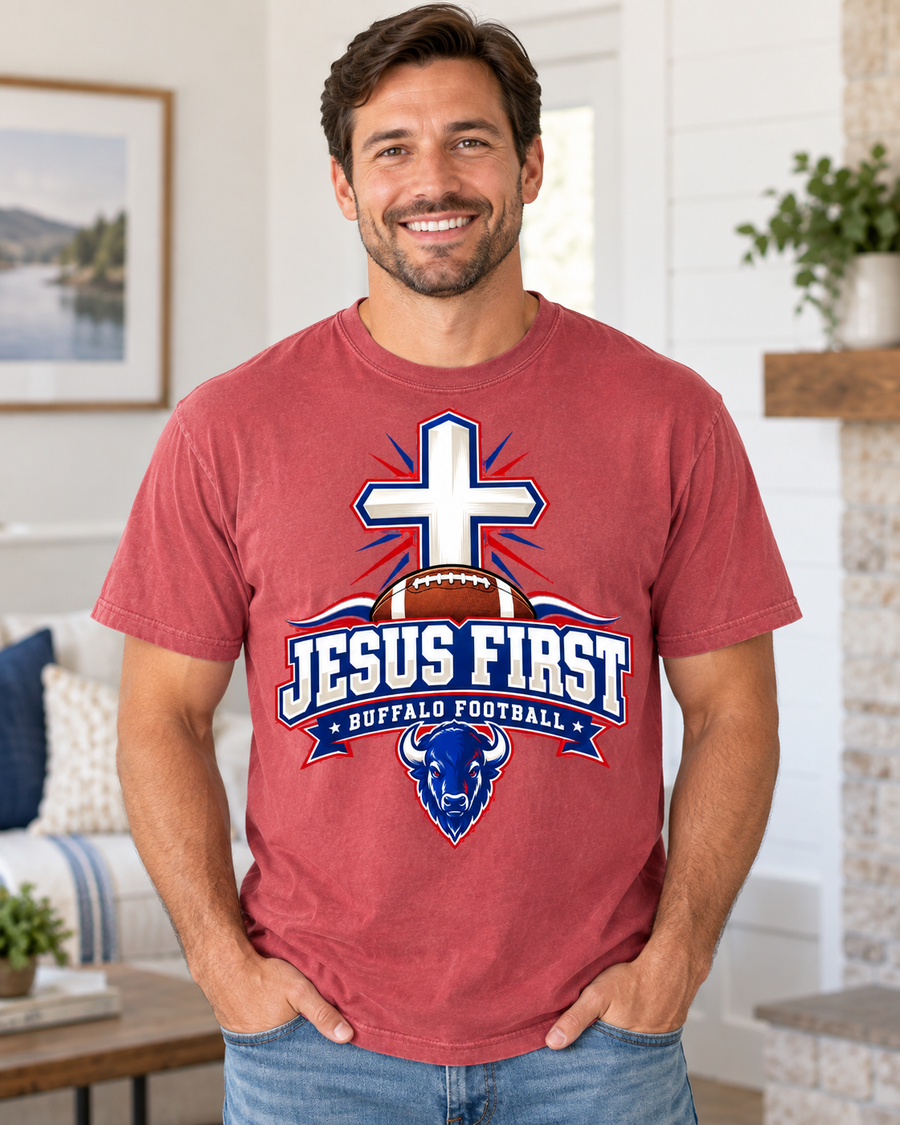 Jesus First Buffalo football faith Comfort Colors 1717 T-shirt mockup 2