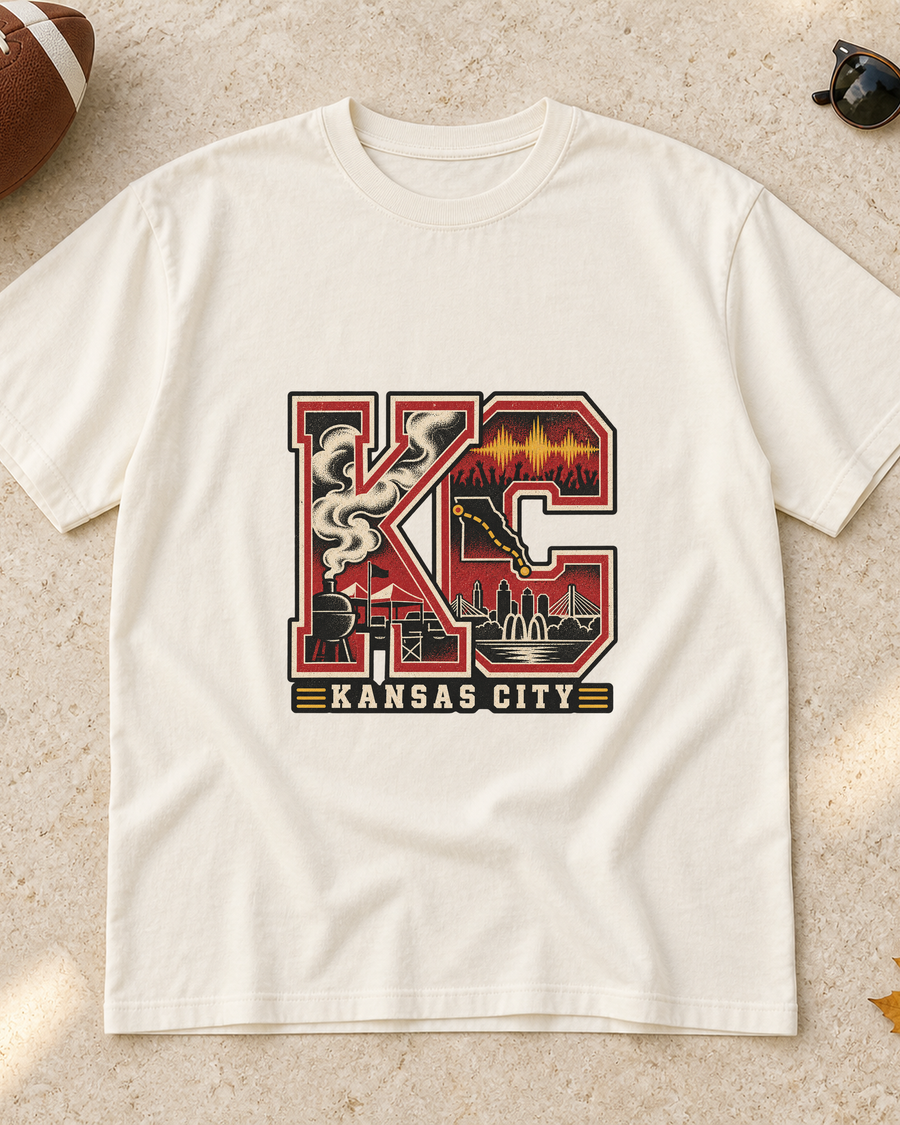 KC Kansas City Collage Premium T Shirt flat lay