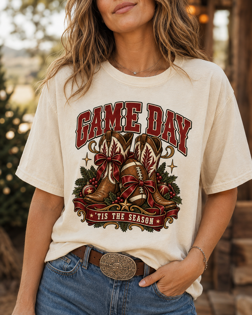 Game Day Tis The Season football T-shirt graphic close-up