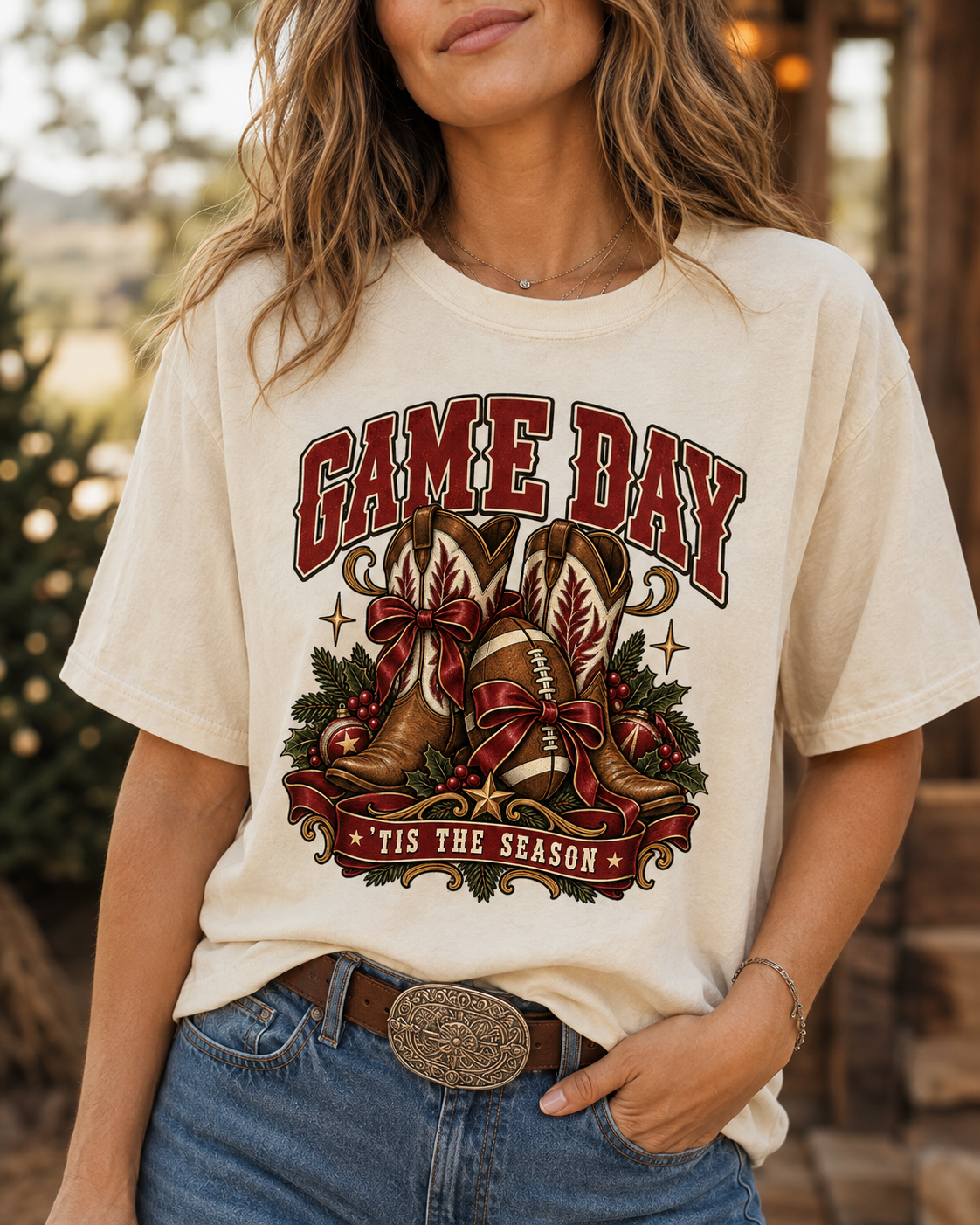 Game Day Tis The Season football T-shirt graphic close-up