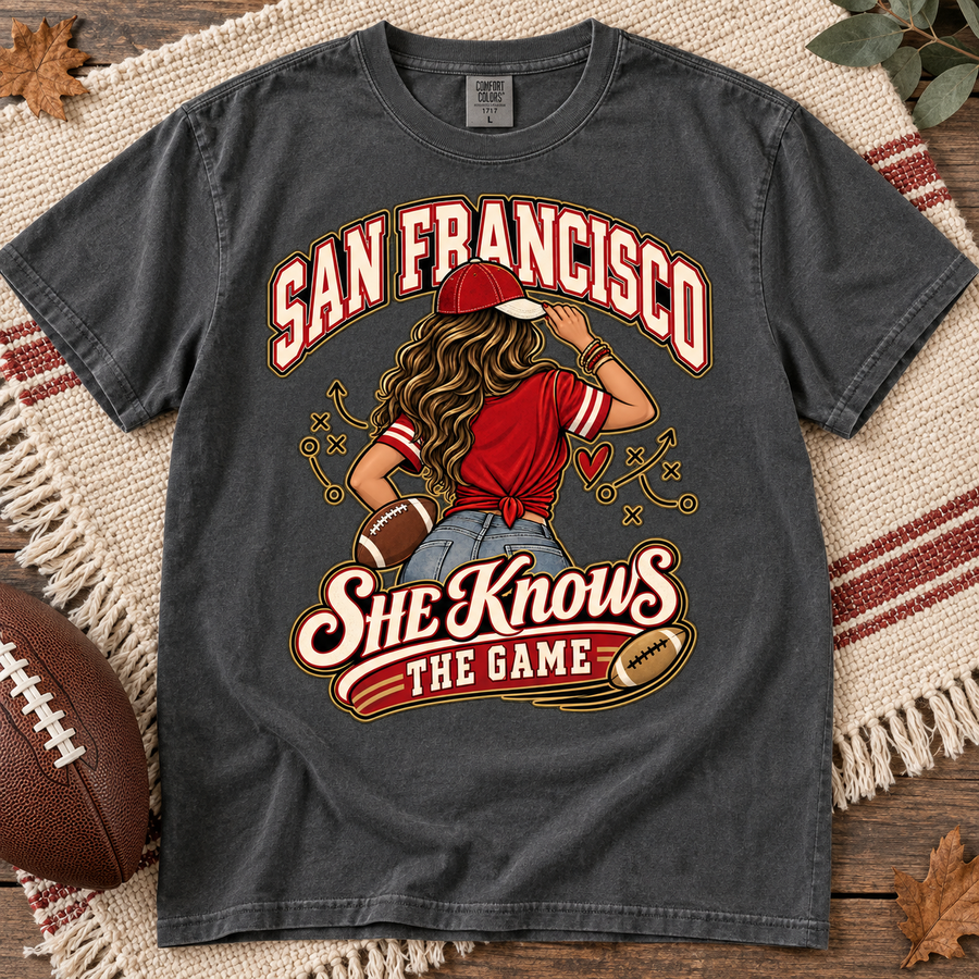 She Knows the Game San Francisco Comfort Colors 1717 T-shirt mockup 4