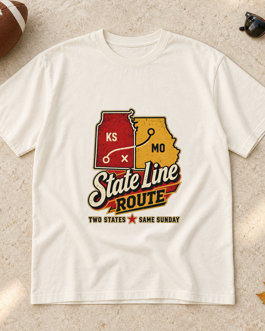State Line Route Premium T Shirt flat lay