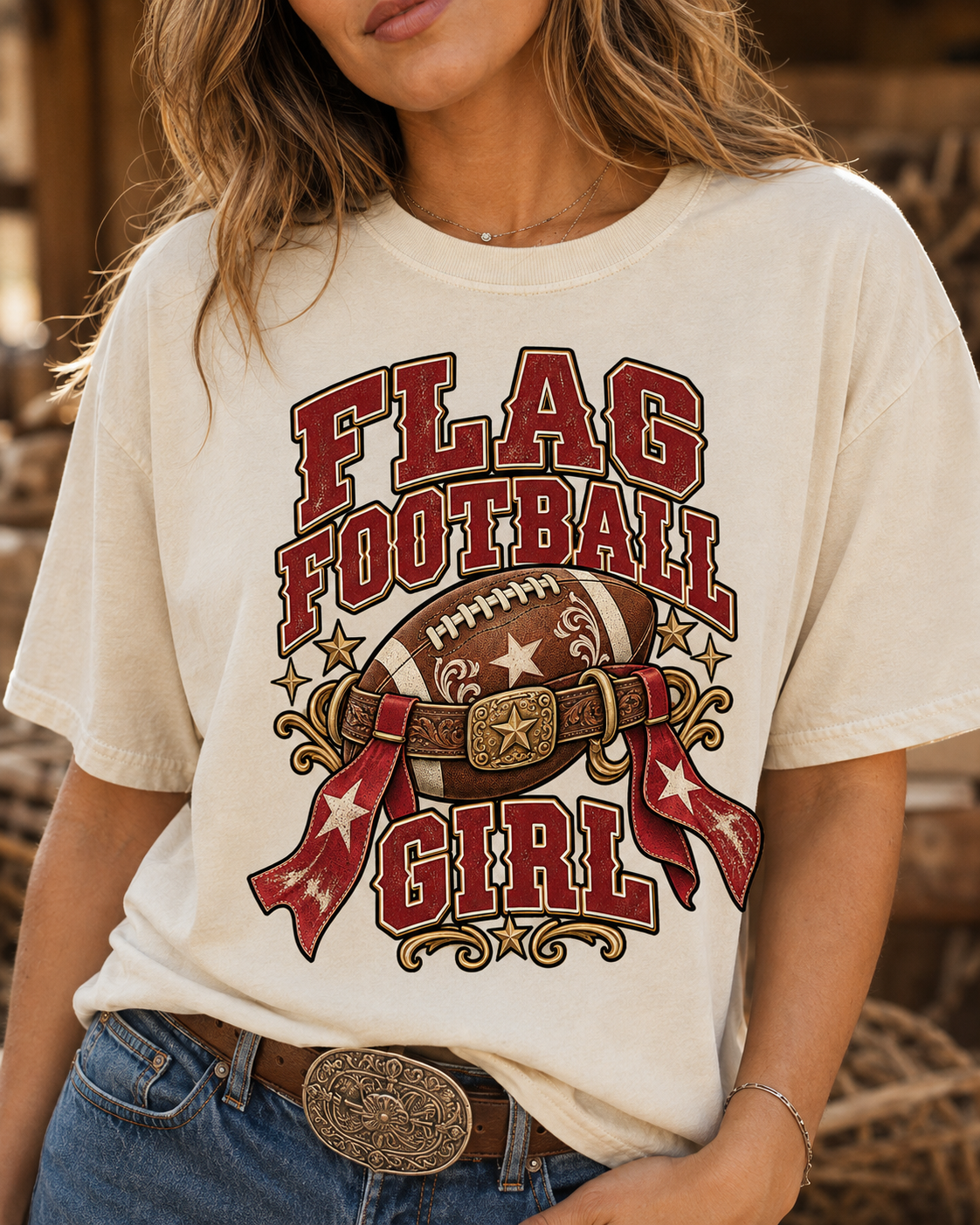 Flag Football Girl Belt T-shirt graphic close-up
