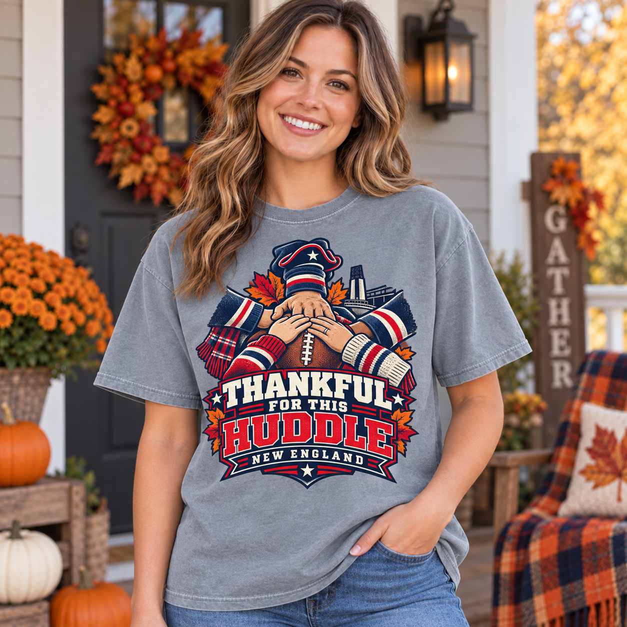 Thankful For This Huddle New England Thanksgiving football Comfort Colors 1717 female lifestyle mockup