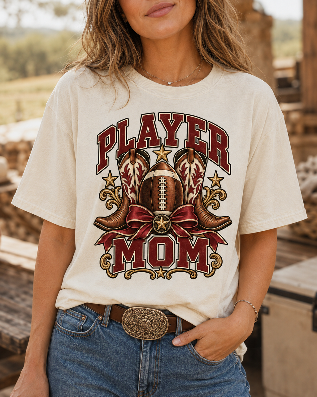 Player Mom football mom T-shirt graphic close-up