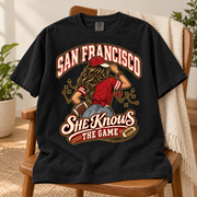 She Knows the Game San Francisco Comfort Colors 1717 T-shirt mockup 5