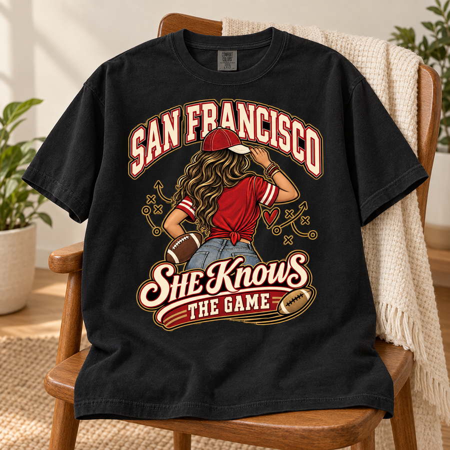 She Knows the Game San Francisco Comfort Colors 1717 T-shirt mockup 5