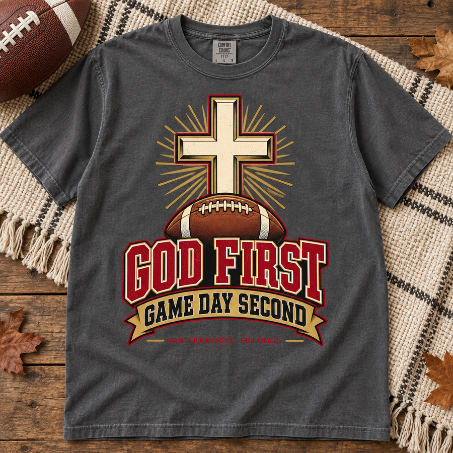 God First Game Day Second San Francisco Comfort Colors 1717 T-shirt mockup 4