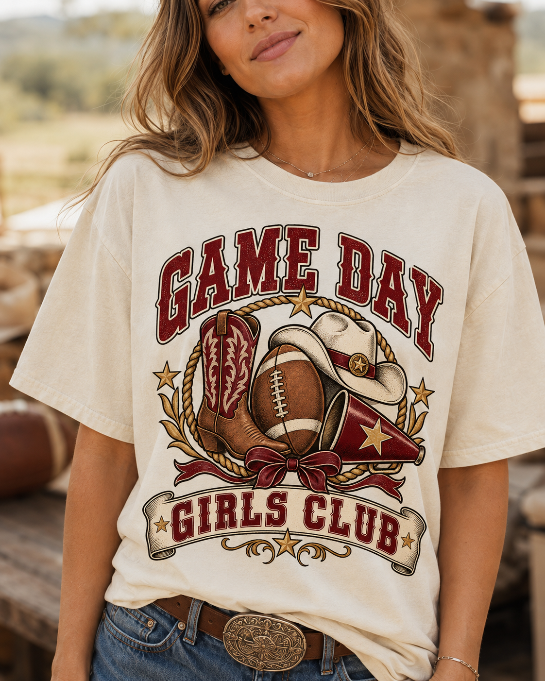 Game Day Girls Club football T-shirt graphic close-up