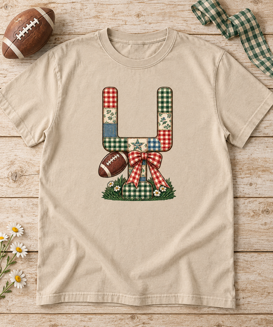 Gingham Goalpost Quilt vintage football T-shirt flat lay
