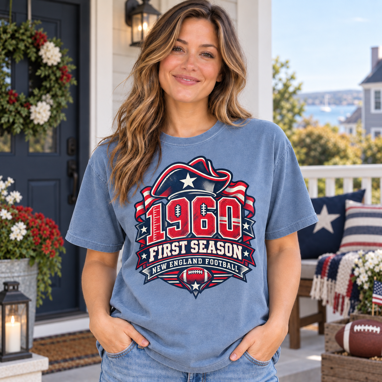 1960 First Season New England football Comfort Colors 1717 female lifestyle mockup