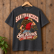 She Knows the Game San Francisco Comfort Colors 1717 T-shirt mockup 3
