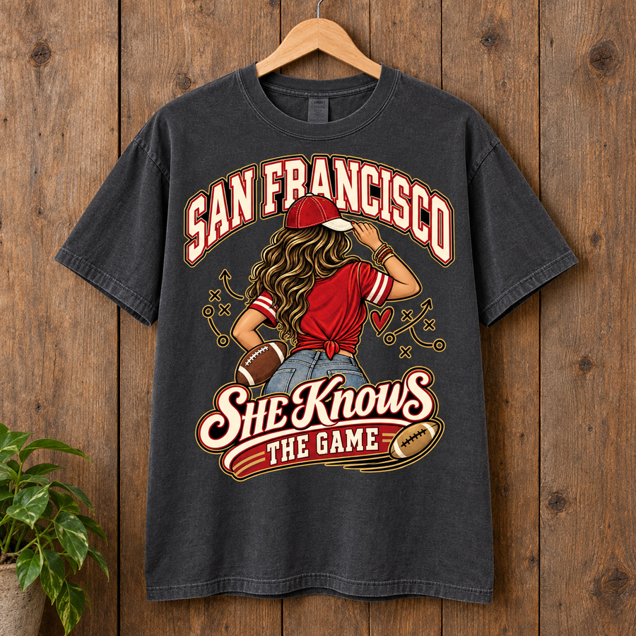 She Knows the Game San Francisco Comfort Colors 1717 T-shirt mockup 3