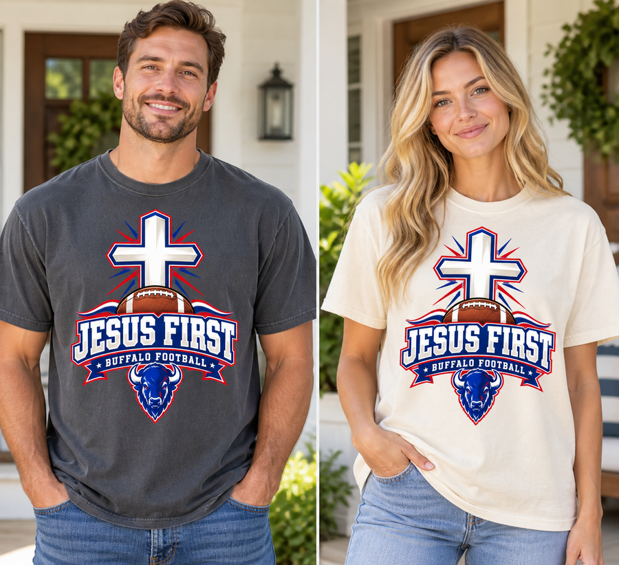 Jesus First Buffalo football faith Comfort Colors 1717 T-shirt mockup 3