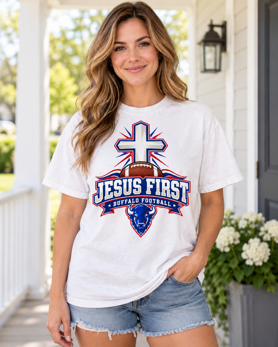 Jesus First Buffalo football faith Comfort Colors 1717 T-shirt mockup 1