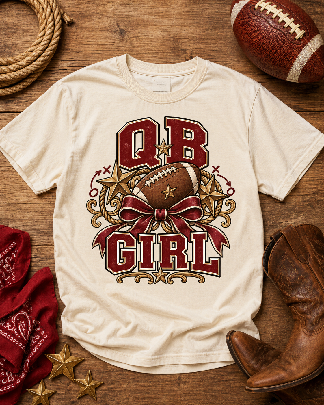 QB Girl football T-shirt flat lay mockup