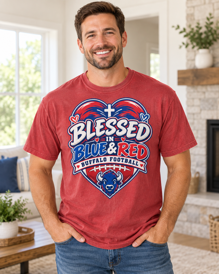 Blessed Blue and Red Buffalo football faith Comfort Colors 1717 T-shirt mockup 2