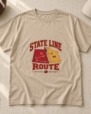 State Line Route Premium T Shirt flat lay
