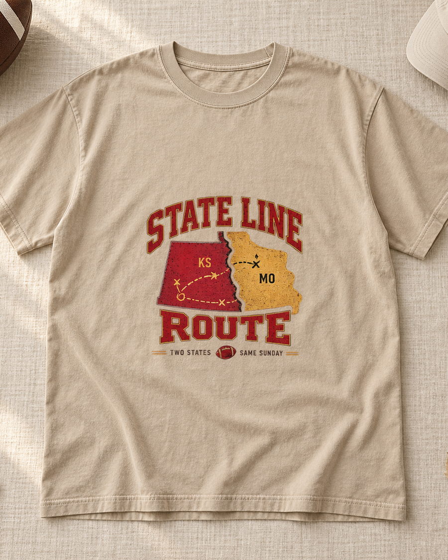 State Line Route Premium T Shirt flat lay