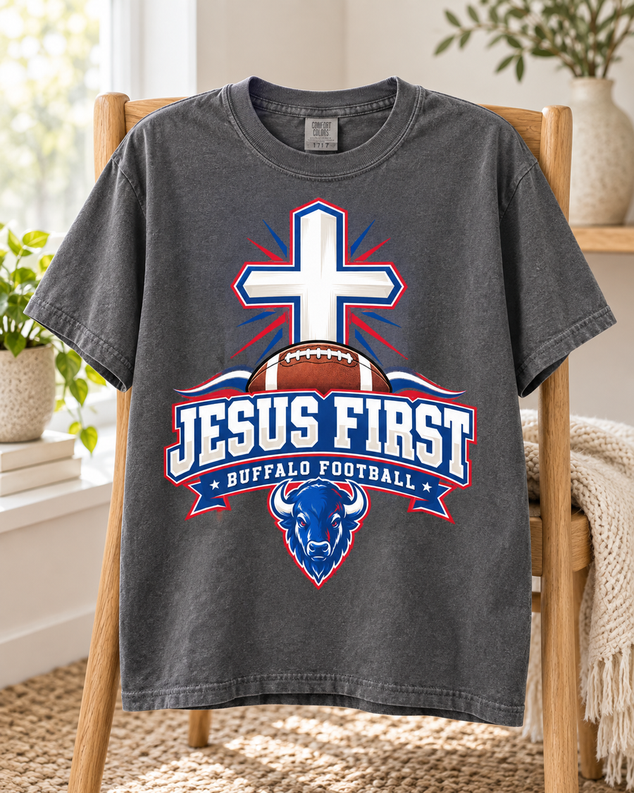 Jesus First Buffalo football faith Comfort Colors 1717 T-shirt mockup 6