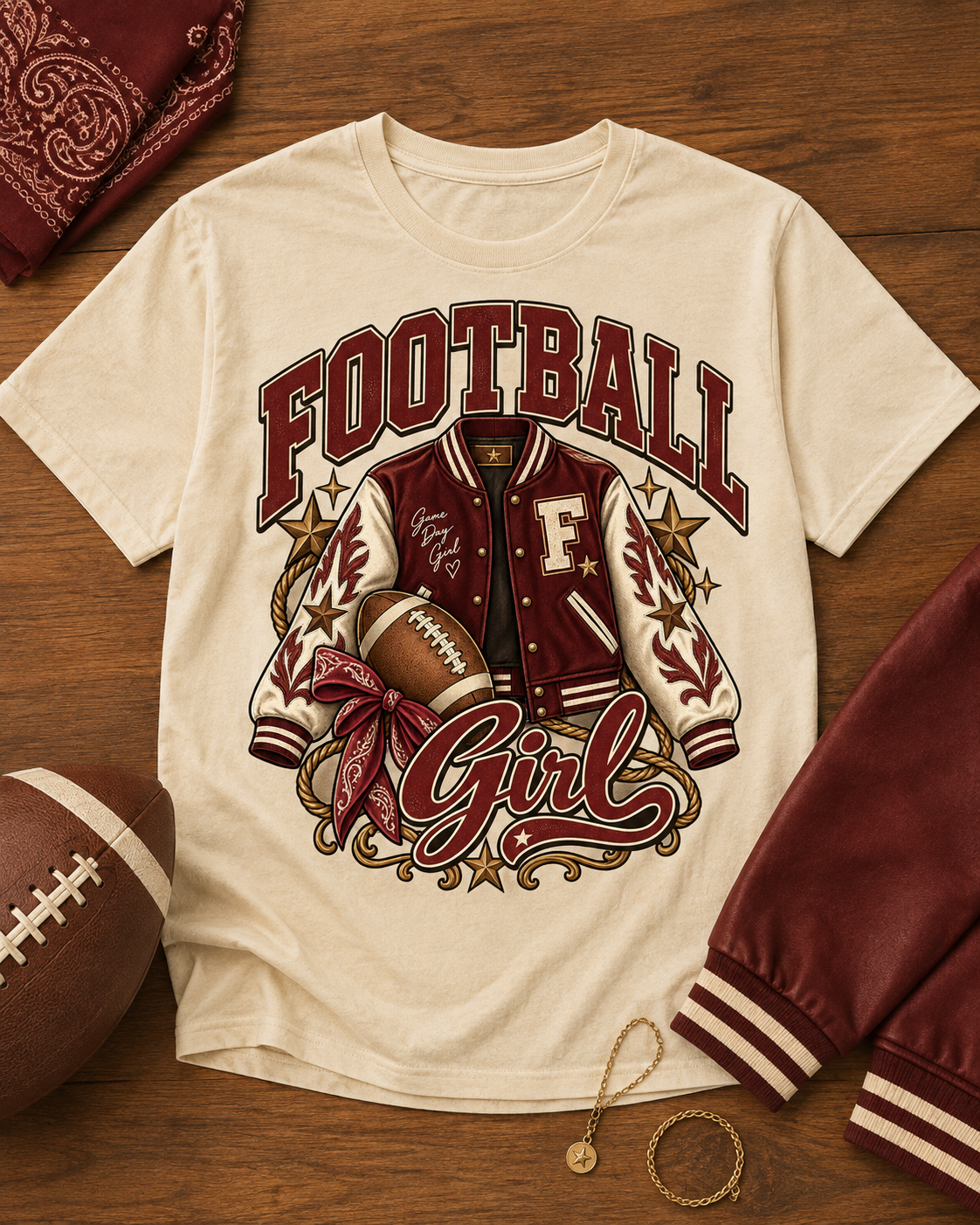 Football Girl Varsity T-shirt flat lay mockup