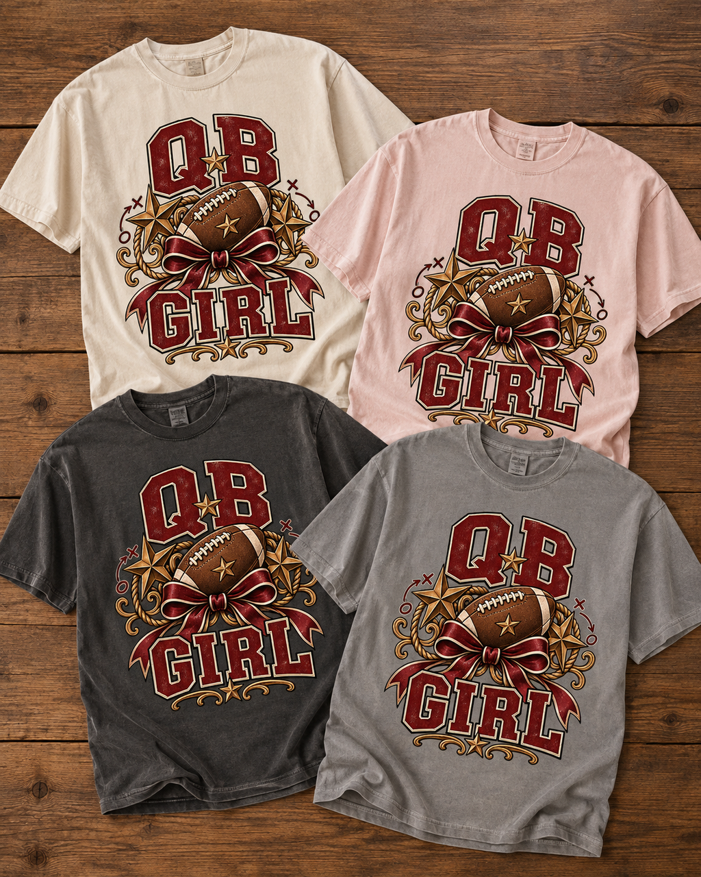 QB Girl football T-shirt featured color examples