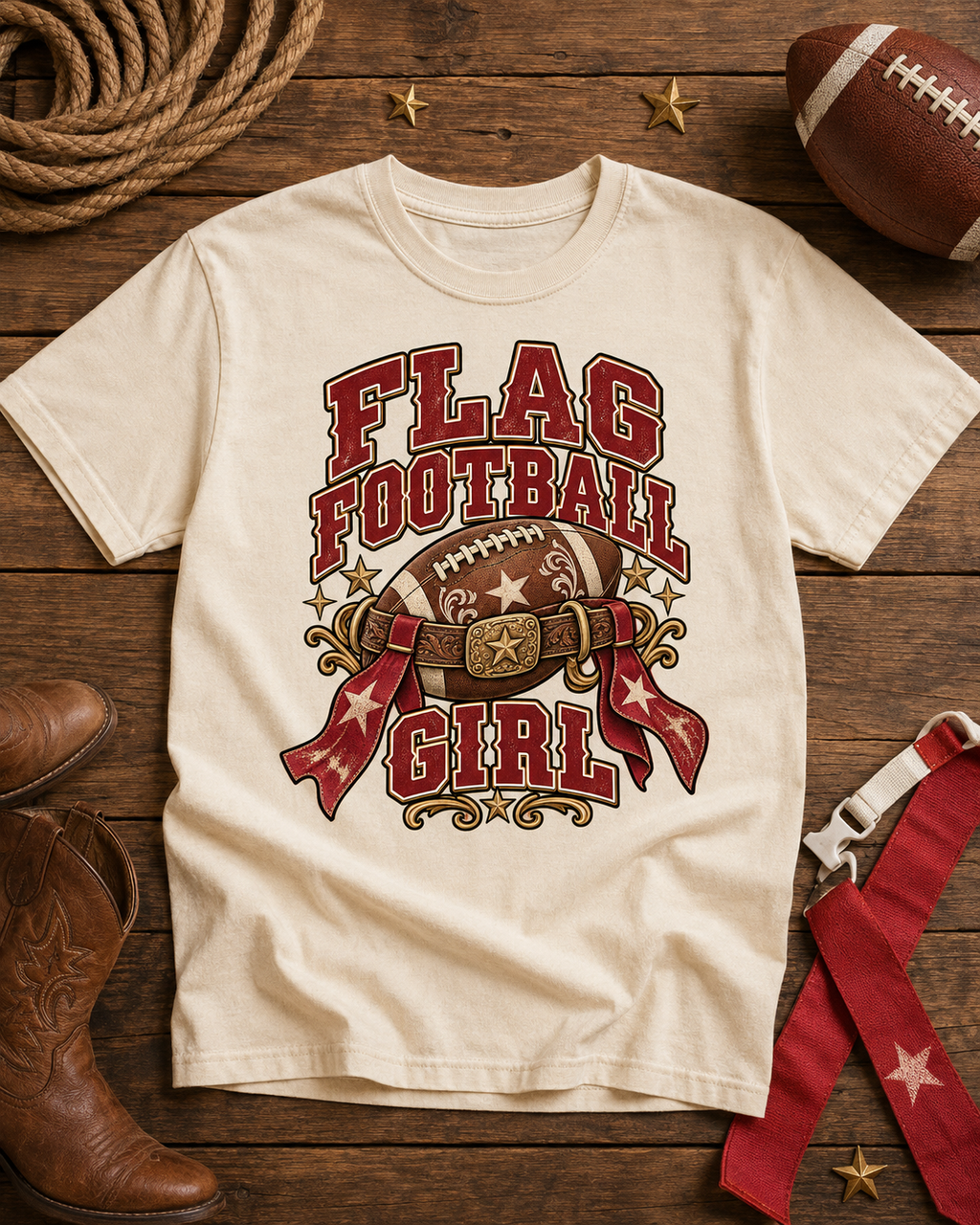 Flag Football Girl Belt T-shirt flat lay mockup