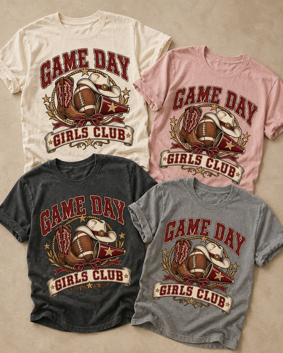 Game Day Girls Club football T-shirt featured color examples