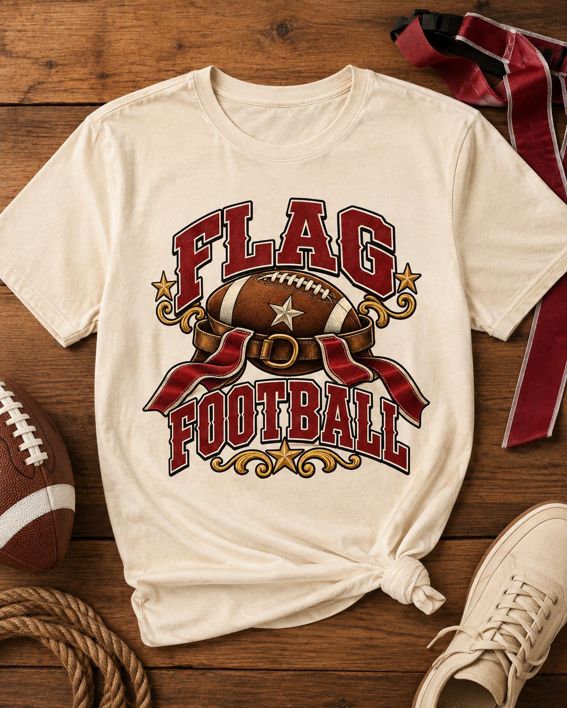 Flag Football premium T-shirt flat lay mockup