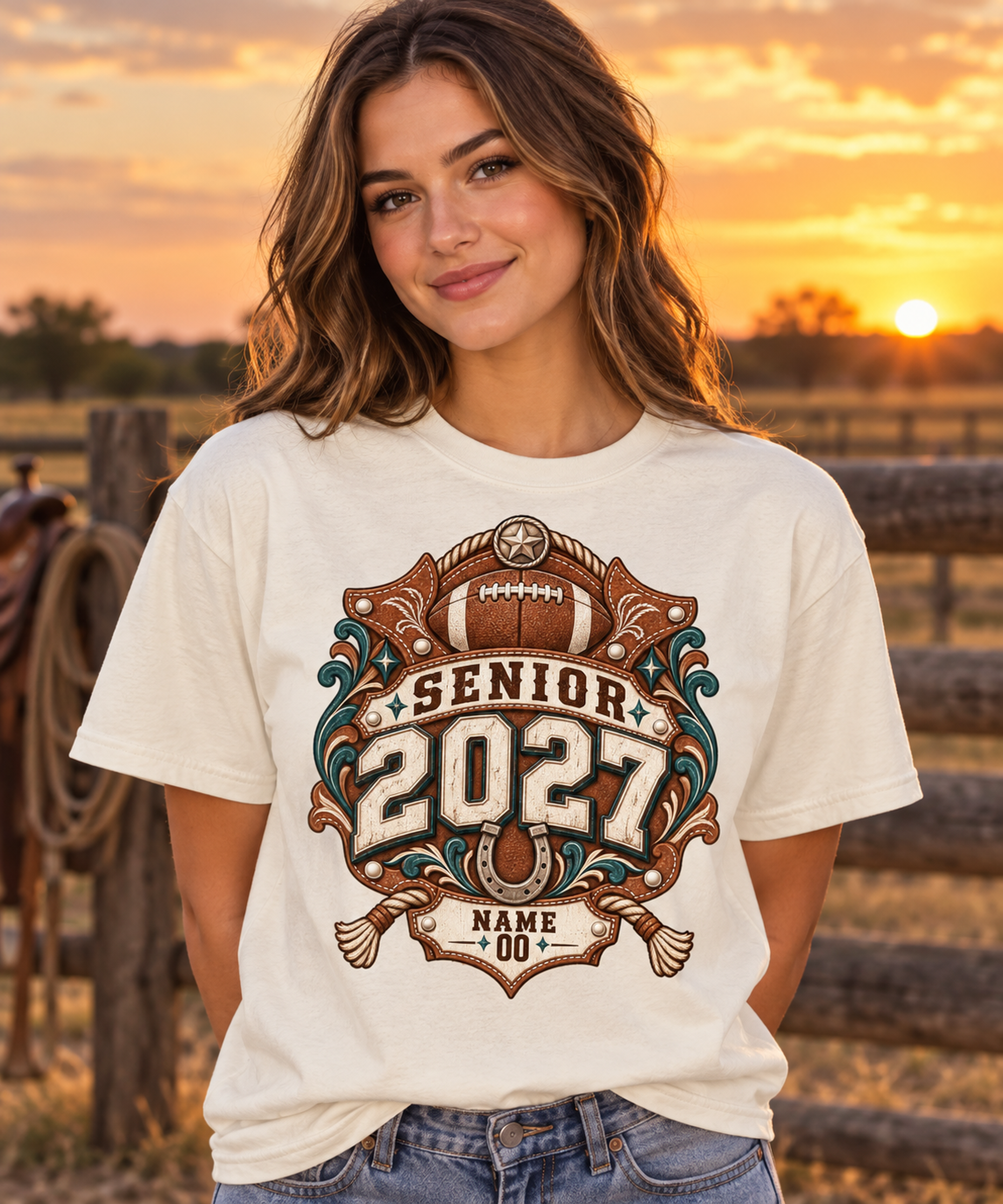 Senior 2027 personalized western football T-shirt hero mockup