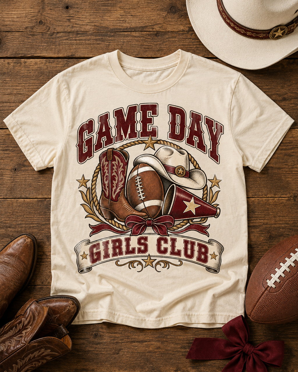 Game Day Girls Club football T-shirt flat lay mockup