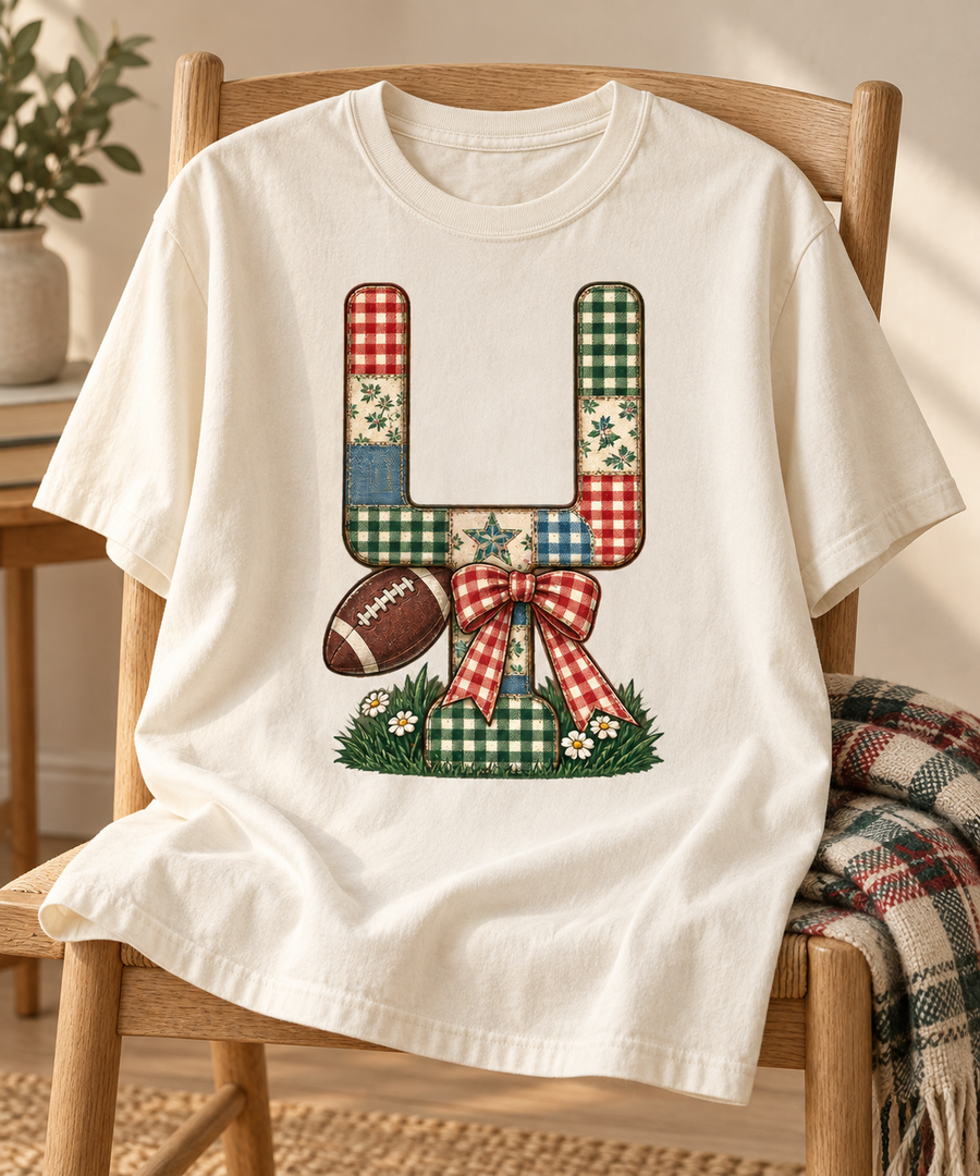 Gingham Goalpost Quilt football T-shirt folded mockup