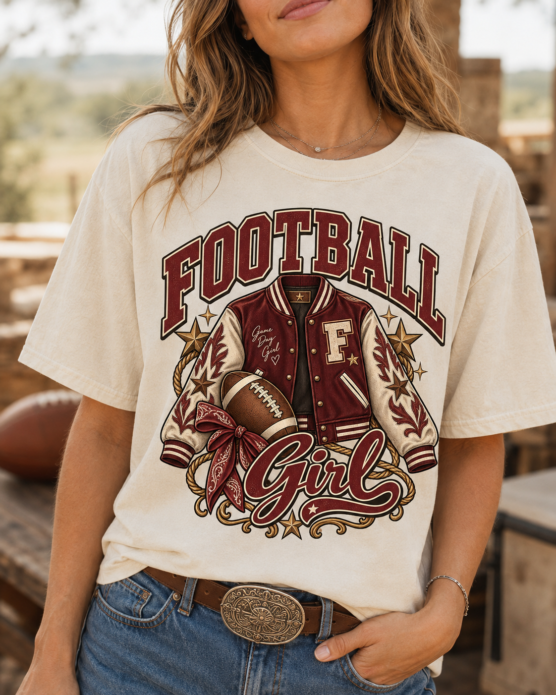 Football Girl Varsity T-shirt graphic close-up