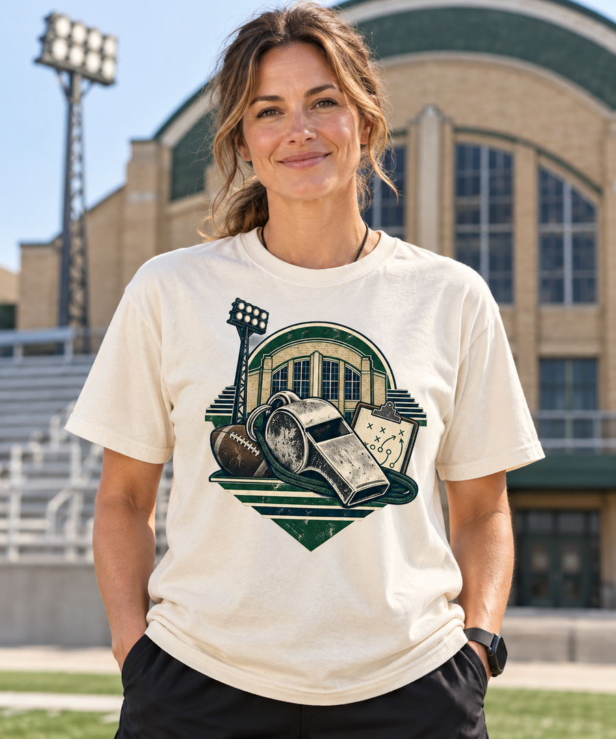 Coach Whistle Fieldhouse football T-shirt hero mockup