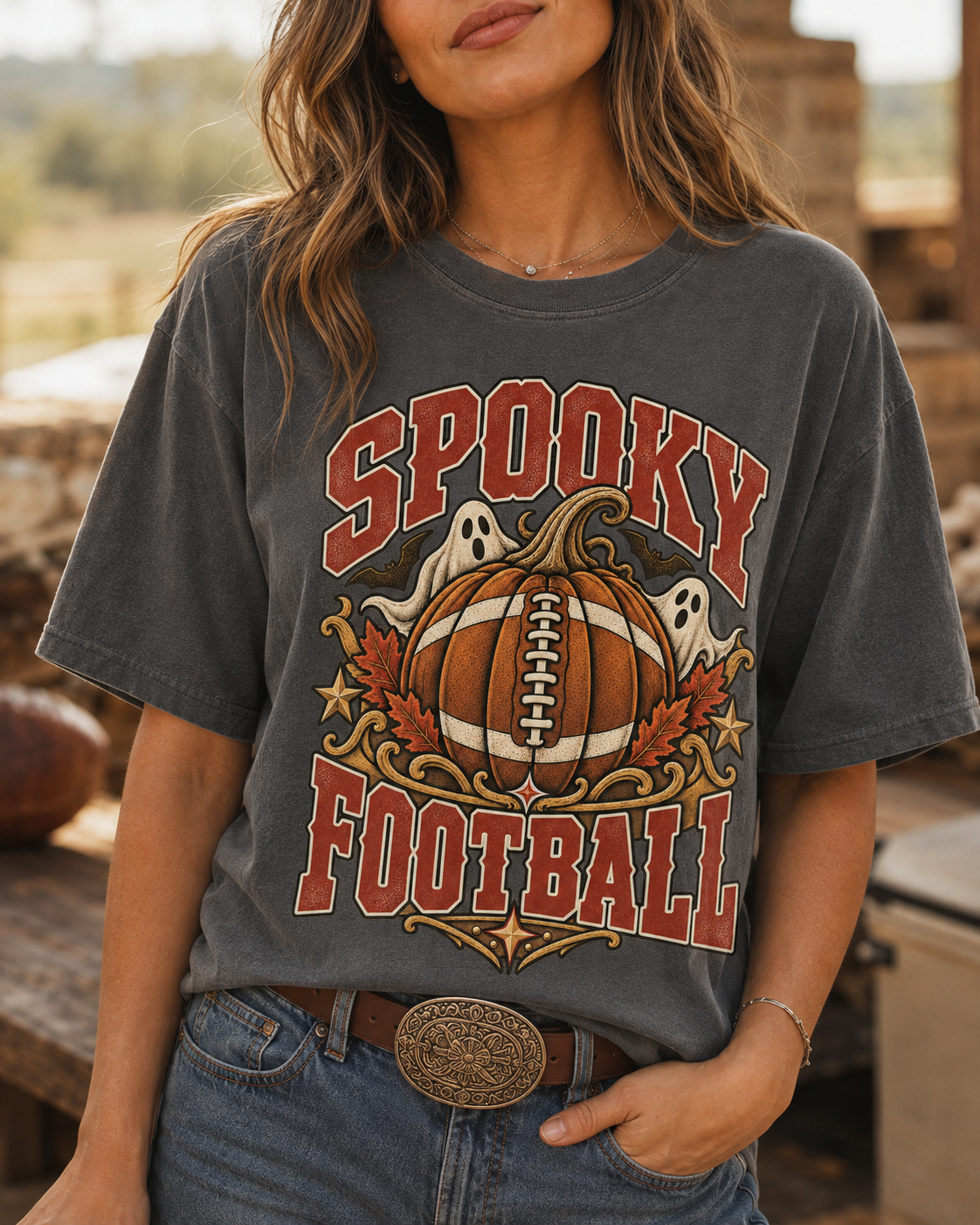 Spooky Football fall game day T-shirt graphic close-up