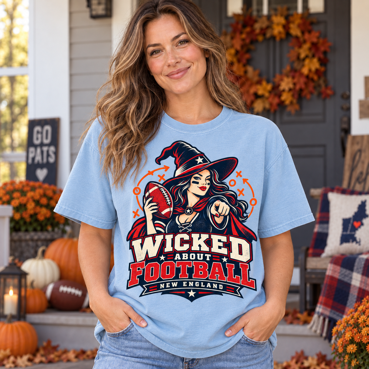 Wicked Good Football New England Halloween football Comfort Colors 1717 female lifestyle mockup